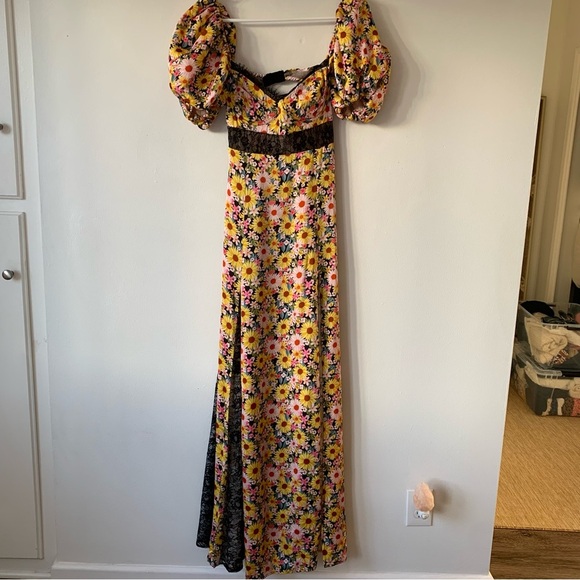 NWT For Love & Lemons Sylvia Floral Lace Puff Short Sleeve Slit Maxi Dress - Picture 7 of 15